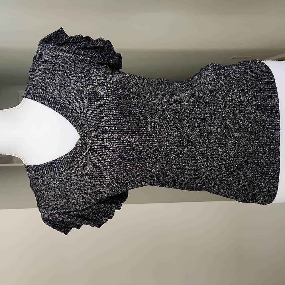 Nanette Lepore Black Metallic Flutter Sleeve Blouse Lurex Silver V-neck M